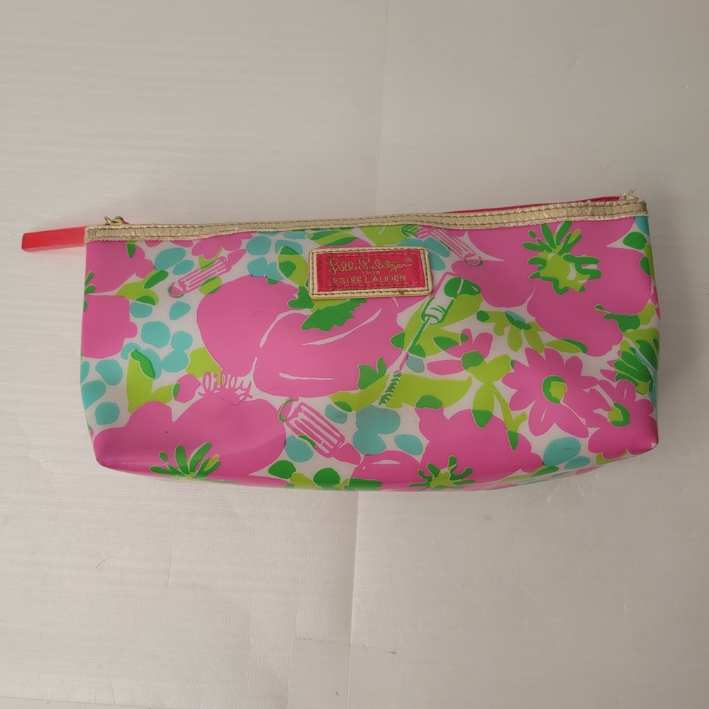 Lilly Pulitzer Estee Lauder Makeup Bag Women OS Pink Floral Vinyl Cosmetic Pouch